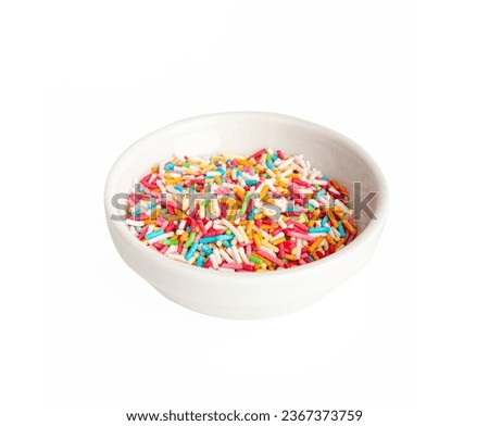 Candy Sprinkle in Bowl, Donut Rainbow Sprinkles Isolated, Sweet Color, Many Small Vermicelli on White Background