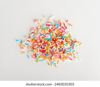 Candy Sprinkle Pile, Donut Rainbow Sprinkles Isolated, Sweet Color, Many Small Vermicelli on White Background Top View - Powered by Shutterstock