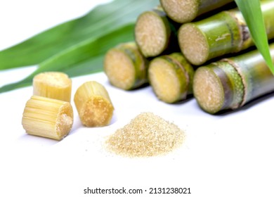 Cane And Cut Sugarcane Piece With  Brown Sugar Isolated On A White Background. Selected Focus