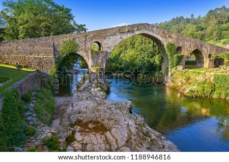 Cangas de Onis roman bridge on Sella river in Asturias of Spain