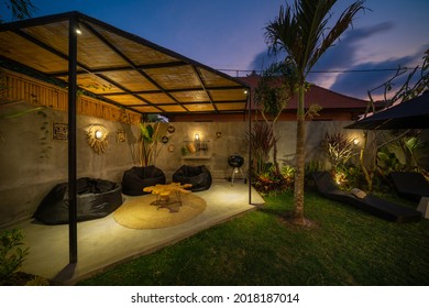 Canggu, Bali, Indonesia, 20 October 2019. Garden Or Backyard Outdoor Pavilion With Pergola, Fireplace And Barbecue For Cookout Food. Summer Party Place