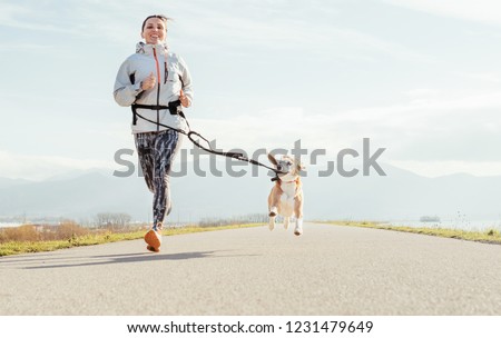 Canicross exercises. Female runs with his beagle dog and happy smiling. Autumn spring outdoor sport activity Stock photo © 