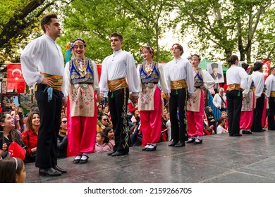 Cankaya, Ankara, Turkey - May 19 2022: Commemoration Of Atatürk, Youth And Sports Day Is An Annual Turkish National Holiday Celebrated On May 19. Folk Dance Team Performing On The Celebration. 