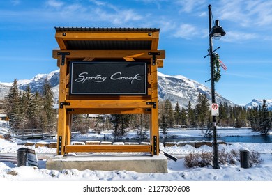 Canmore, Alberta, Canada - January 19 2022 : Spring Creek Boardwalk In Winter.