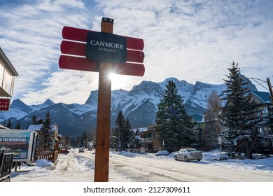 Canmore, Alberta, Canada - January 19 2022 : Town Of Canmore Street View In Winter.