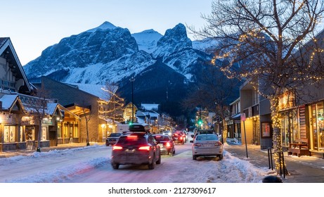 Canmore, Alberta, Canada - January 19 2022 : Town Of Canmore Street View In Winter Night.