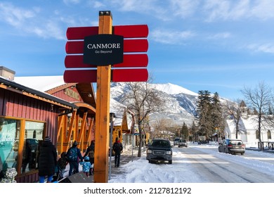 Canmore, Alberta, Canada - January 19 2022 : Town Of Canmore Street View In Winter.