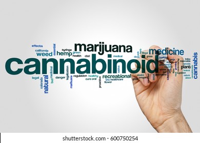 Cannabinoid Word Cloud Concept On Grey Background.