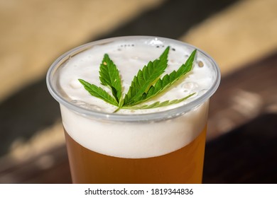 Cannabis beer with herbal leaf of marijuana on the foam surface