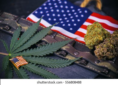 Cannabis Buds, Leaf And American Flag With Some Bullets And Camo - Veteran Themed Medical Marijuana Concept