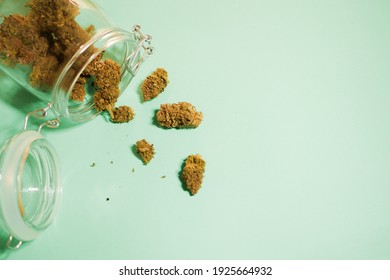 Cannabis Buds Stored In Glass Jar. Medical Marijuana Shop. 420 Culture. Flat Lay