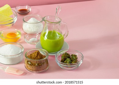 Cannabis Chocolate Pot Brownies Recipe Ingredients For Baking On Pink Background