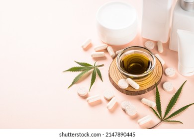 Cannabis Cosmetic, Pills And CBD Oil At Pink.