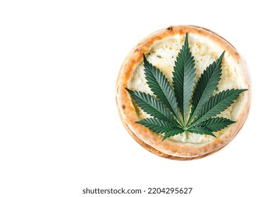 Cannabis Food With Pizza On Wooden Tray  Top View Delicious Tasty Fast Food Italian Traditional Pizza Cheese With Mozzarella.Cannabis Is A Standoff Between A Drug And A Medicine.