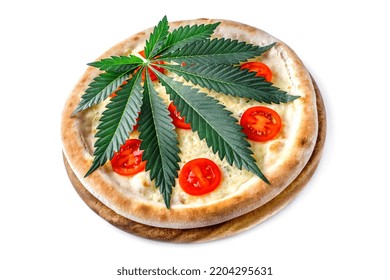 Cannabis Food With Pizza On Wooden Tray  Top View Delicious Tasty Fast Food Italian Traditional Pizza Cheese With Mozzarella.Cannabis Is A Standoff Between A Drug And A Medicine.