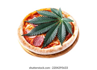 Cannabis Food With Pizza On Wooden Tray  Top View Delicious Tasty Fast Food Italian Traditional Pizza Cheese With Mozzarella.Cannabis Is A Standoff Between A Drug And A Medicine.