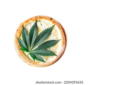 Cannabis Food With Pizza On Wooden Tray  Top View Delicious Tasty Fast Food Italian Traditional Pizza Cheese With Mozzarella.Cannabis Is A Standoff Between A Drug And A Medicine.