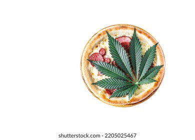 Cannabis Food With Pizza On Wooden Tray  Top View Delicious Tasty Fast Food Italian Traditional Pizza Cheese With Mozzarella.Cannabis Is A Standoff Between A Drug And A Medicine.