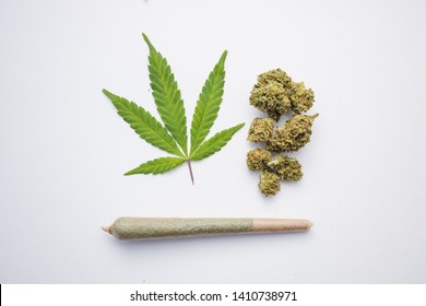 Cannabis Leaf Marijuana Flower & Rolled Joint Isolated On White