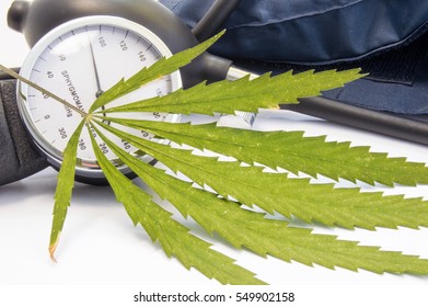 Cannabis Or Marijuana And Blood Pressure. Green Cannabis Leaf Lies Near Measuring Scale Of Sphygmomanometer And Inflated Cuff. Concept Of Marijuana Influence On Decrease Or Increase Of Blood Pressure