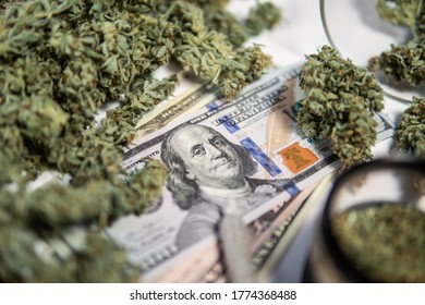 Cannabis Money Black Market. Cannabis In Economics. White Background.