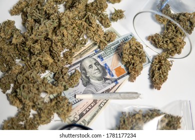 Cannabis Money Black Market. Cannabis In Economics. White Background.