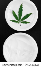 Cannabis Ointment Natural Product. Cosmetic Jar Cream From Natural Hemp, Lotion With CBD Content. Copy Space For Your Design