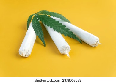 Cannabis are on yellow table. Marijuana bob close up. Cannabis in white paper. BMPCC. Marijuana, weed, drug smoking concept. CBD, THC. Preparing cannabis for consumption. legalization of light drugs.