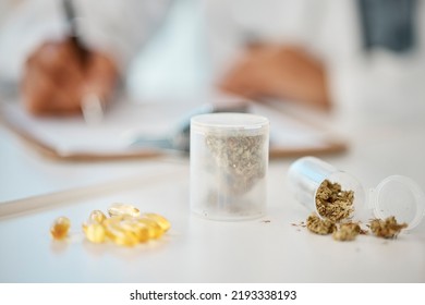 Cannabis Pills, Weed And Medical Marijuana Medicine Given By A Professional Doctor At Wok With Mockup Space. Healthcare Worker Writing 420 Natural Drug Treatment And Capsule Medication In Hospital