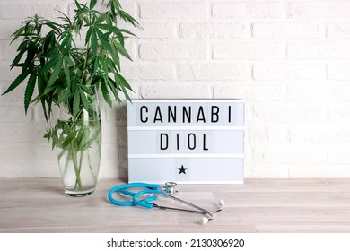 Cannabis plant in a vase with Cannabidiol word on white Lightbox and stethoscope on a white brick wall. Copy space. Medical hemp.