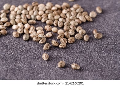 Cannabis Seeds Of Medical Hemp Plant On Dark Stone Board. These Seeds Are Used To Made CBD Or Food Oil For Example