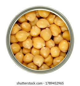 Canned Chickpeas In A Can From Above. Large Light Tan Chick Peas, Cicer Arientinum, Also Called Hoummus. Boiled Chickpeas, Preserved With Brine In A Tin Can. Close-up From Above, Isolated Food Photo.