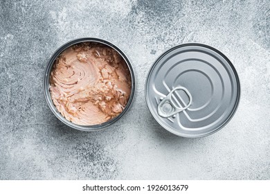 Canned Chunk Light Tuna Set, In Tin Can, On Gray Background, Top View Flat Lay
