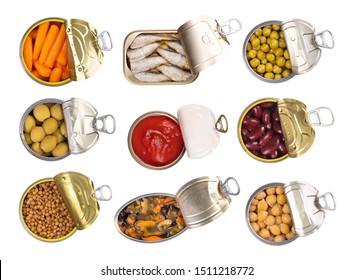 Canned Food Isolated On White Background, Top View