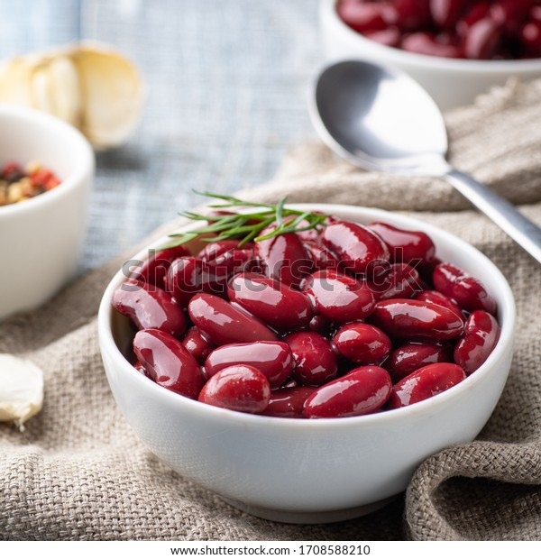 Canned red\
kidney beans in white bowl on a\
table