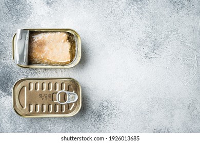 Canned Salmon, Fish Preserves Set, In Tin Can, On Gray Background, Top View Flat Lay, With Copyspace And Space For Text