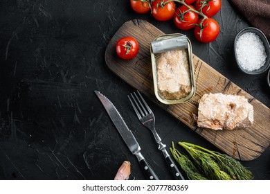 Canned Salmon, Fish Preserves Set, On Wooden Cutting Board, On Black Background With Herbs And Ingredients, Top View Flat Lay, With Copyspace  And Space For Text