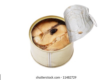 Canned Salmon In Tin Can Isolated On White