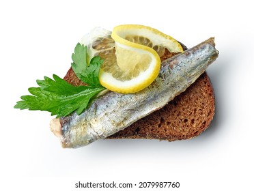 Canned Sardine On Bread Slice Isolated On White Background, Top View