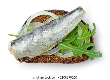 Canned Sardine On Bread Slice Isolated On White Background