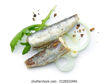 canned sardines and spices composition isolated on white background, top view