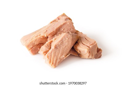 Canned Tuna Fillet Pieces Isolated On White Background. Preserved Seafood As Ingredient For Low Calories Diets And Healthy Eating. Chunk Of Tuna Fish Meat For Food Design. Macro. Front View.