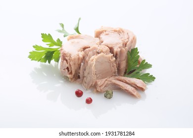 Canned Tuna Fish On White Plate With Salad

