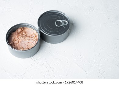 Canned Tuna, Fish Preserves Set, In Tin Can, On White Background, With Copyspace And Space For Text