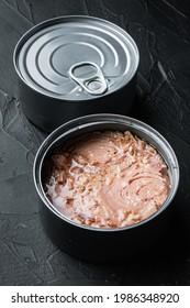 Canned Tuna, Fish Preserves Set, In Tin Can, On Black Background