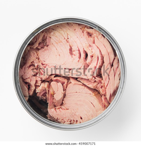 canned tuna isolated on white / Canned\
soy free albacore white meat tuna packed in water / open tuna tin\
on a white background / tuna fish isolated on white\
