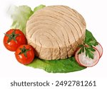 Canned tuna portion on a lettuce leaf with  cherry tomatoes and thin slices of radish isolated on white background,accurate clipping path embedded.

