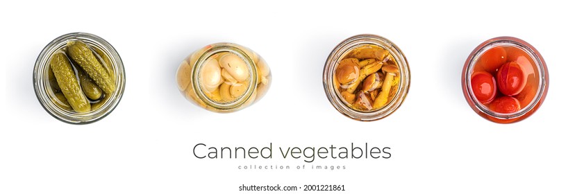 Canned Vegetables Isolated On White Background. Pickled Vegetables. High Quality Photo