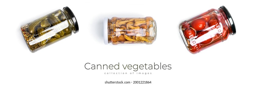 Canned Vegetables Isolated On White Background. Pickled Vegetables. High Quality Photo