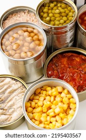 Canned Vegetables In Tins, Close-up. Long Shelf Life Food.